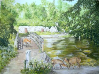 2103 Gingerly Crossing the River Nar Original water colour (Fox and Muntjac) (12" x 16") SOLD